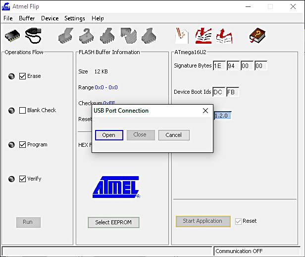 Open the USB port in the FLIP software