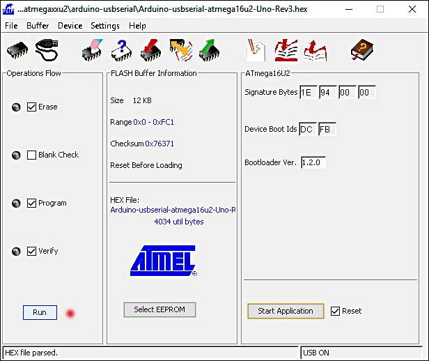 Click the Run button to erase, program and verify