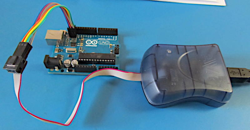 Wires plugged into the ATmega16U2 ICSP header from the USB programmer