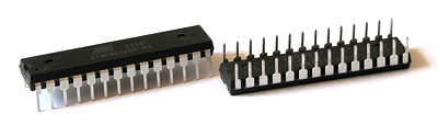 Two ATmega328P-PU Microcontroller Chips in 28 Pin PDIP Housings